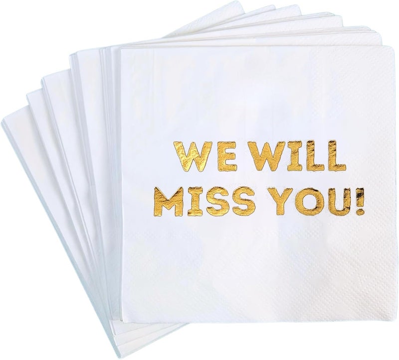 Cloverjoyed We Will Miss You Cocktail Napkins - 50 Pack White - Farewell, Going Away, Retirement Party Decorations Supplies, Coworkers Leaving Goodbye, Military Army Good Luck, Moving Celebrations - Image 1