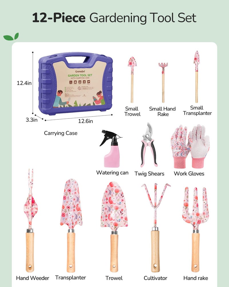 Grenebo 12-Piece Womens Gardening Tools Gift Set, Rust-Proof & Heavy-Duty Garden Tools with Durable Carrying Case, Fashionable & Thoughtful Gardening Gifts for Women&Men (Purple) - Image 2