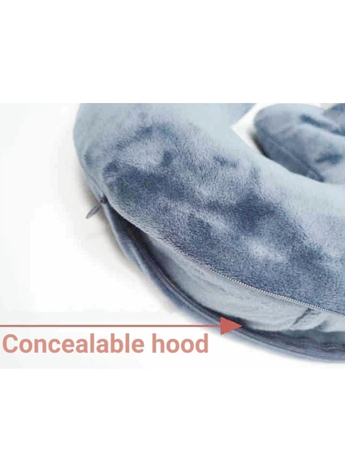 Ayeeb - Inflatable Hoodie Travel Neck Pillow Adjustable Comfort, Lightweight for Airplane Flight, Soft Luxury Texture Velvet Hood Keeps Warm, Manual Press Pump Inflation and Auto-Deflation, Machine Washable (Light Grey) - Image 1