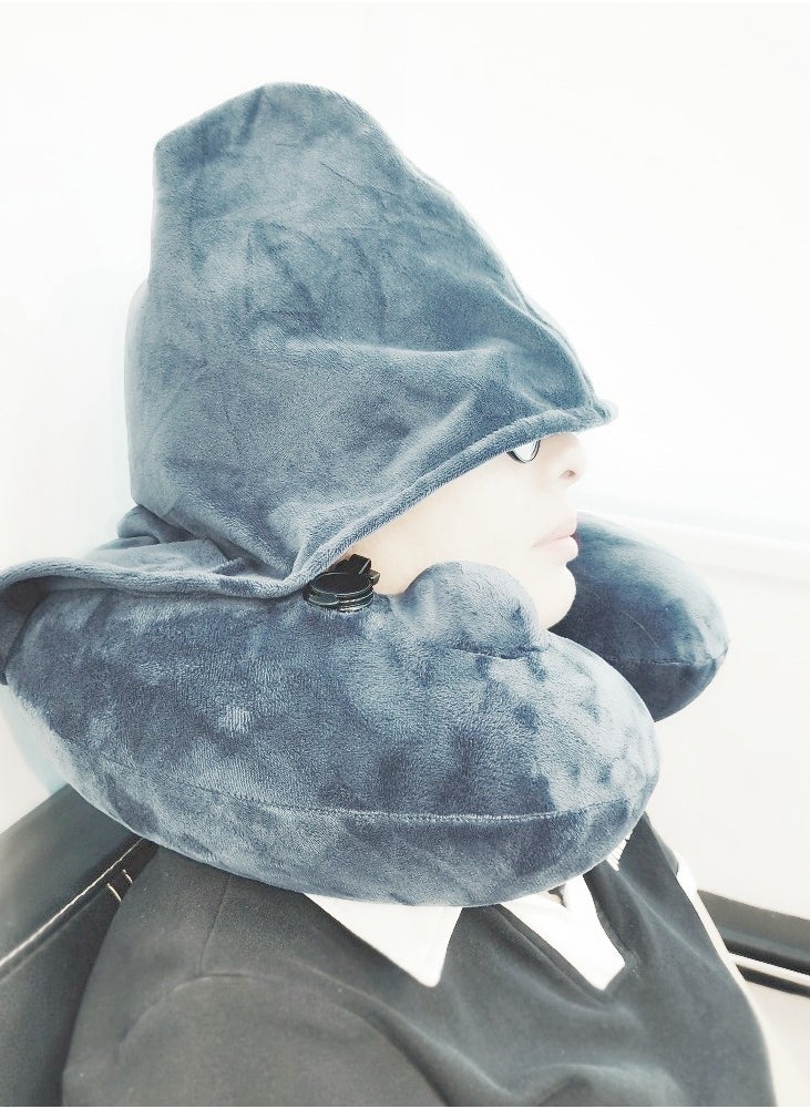 Ayeeb - Inflatable Hoodie Travel Neck Pillow Adjustable Comfort, Lightweight for Airplane Flight, Soft Luxury Texture Velvet Hood Keeps Warm, Manual Press Pump Inflation and Auto-Deflation, Machine Washable (Light Grey) - Image 1
