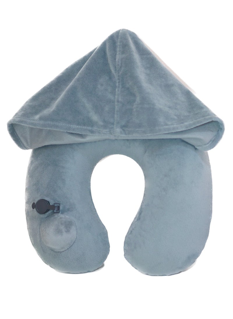 Ayeeb - Inflatable Hoodie Travel Neck Pillow Adjustable Comfort, Lightweight for Airplane Flight, Soft Luxury Texture Velvet Hood Keeps Warm, Manual Press Pump Inflation and Auto-Deflation, Machine Washable (Light Grey) - Image 1