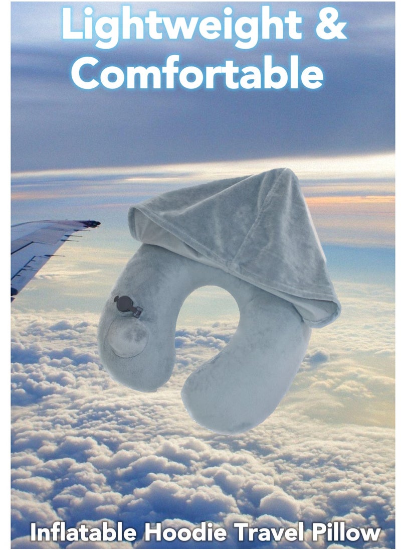 Ayeeb - Inflatable Hoodie Travel Neck Pillow Adjustable Comfort, Lightweight for Airplane Flight, Soft Luxury Texture Velvet Hood Keeps Warm, Manual Press Pump Inflation and Auto-Deflation, Machine Washable (Light Grey) - Image 1