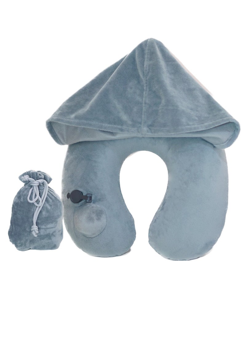 Ayeeb - Inflatable Hoodie Travel Neck Pillow Adjustable Comfort, Lightweight for Airplane Flight, Soft Luxury Texture Velvet Hood Keeps Warm, Manual Press Pump Inflation and Auto-Deflation, Machine Washable (Light Grey) - Image 1