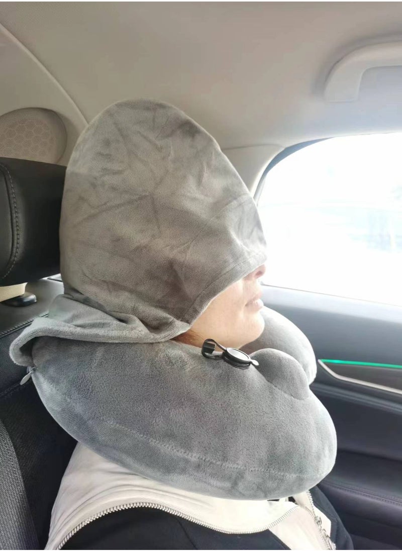 Ayeeb - Inflatable Hoodie Travel Neck Pillow Adjustable Comfort, Lightweight for Airplane Flight, Soft Luxury Texture Velvet Hood Keeps Warm, Manual Press Pump Inflation and Auto-Deflation, Machine Washable (Light Grey) - Image 1