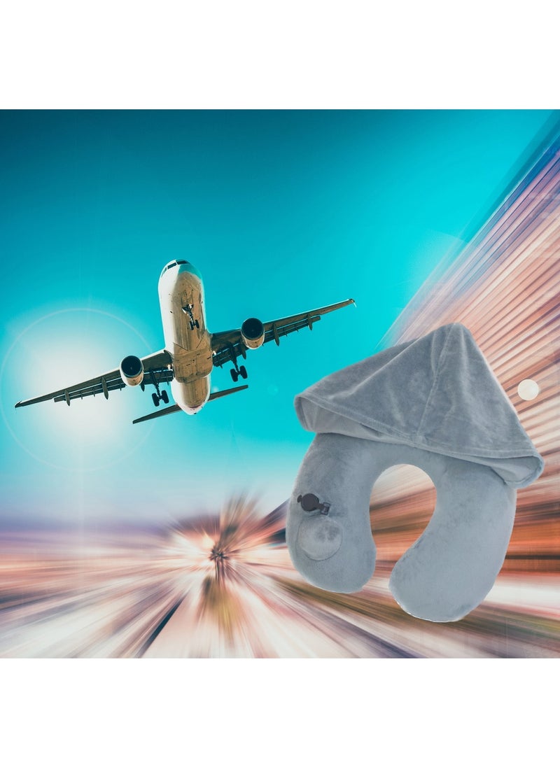 Ayeeb - Inflatable Hoodie Travel Neck Pillow Adjustable Comfort, Lightweight for Airplane Flight, Soft Luxury Texture Velvet Hood Keeps Warm, Manual Press Pump Inflation and Auto-Deflation, Machine Washable (Light Grey) - Image 1