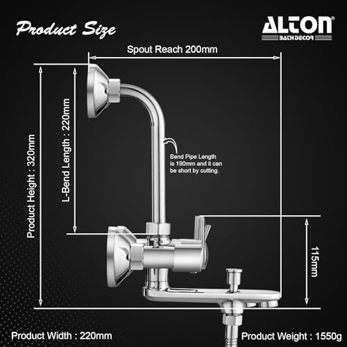ALTON XNO5090 Brass 3-IN-1 Wall Mixer With Provision For Over Head Shower and Hand Shower with190mm Long Bend Pipe (Chrome) - Image 2