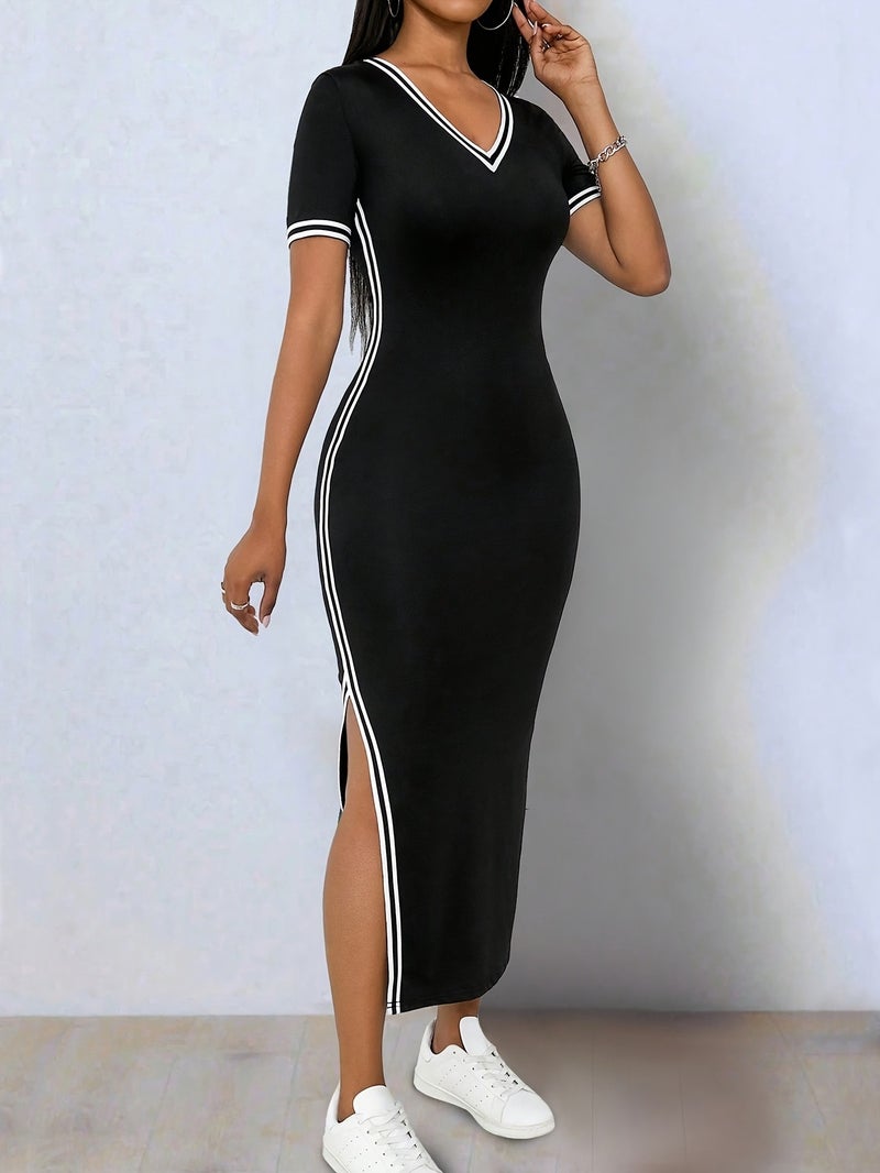 2025 New Contrast V-Neck Short Sleeve Slit Dress - Image 3
