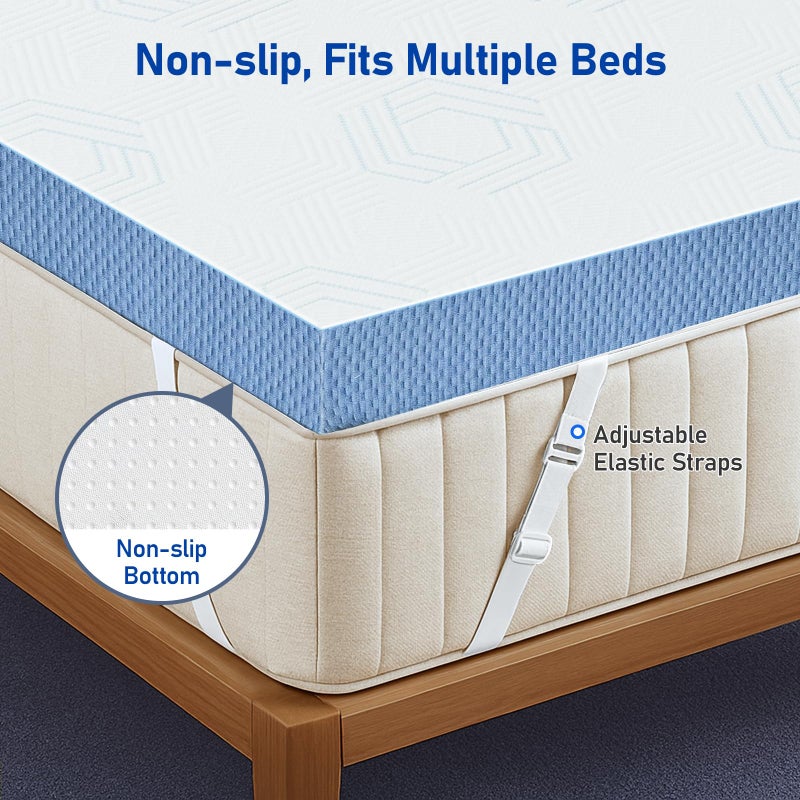 Glendan Firm Mattress Topper Queen: 3 Inch High Density Bed Topper - Extra Support Foam for Pain Relief - Breathable Washable Cover with Anti-Slip Straps - CertiPUR-US Oeko-Tex Certified 80x60 Blue - Image 5