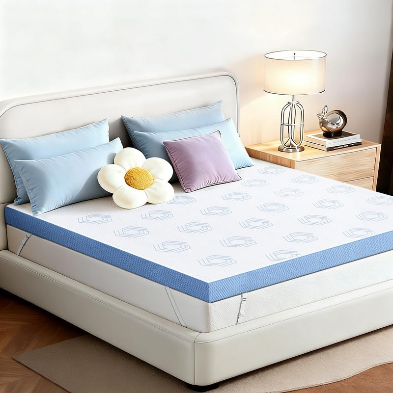 Glendan Firm Mattress Topper Queen: 3 Inch High Density Bed Topper - Extra Support Foam for Pain Relief - Breathable Washable Cover with Anti-Slip Straps - CertiPUR-US Oeko-Tex Certified 80x60 Blue - Image 1