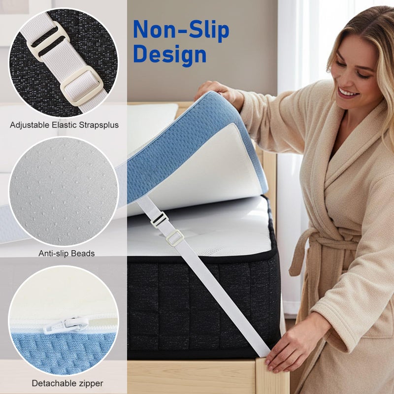 Glendan Firm Mattress Topper Queen: 3 Inch High Density Bed Topper - Extra Support Foam for Pain Relief - Breathable Washable Cover with Anti-Slip Straps - CertiPUR-US Oeko-Tex Certified 80x60 Blue - Image 4