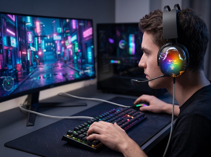 سماعة رأس للألعاب CM7001 باللون الأسود مع إضاءة RGB مذهلة وميكروفون قابل للطي، مثالية للاعبين والبث المباشر - Image 5