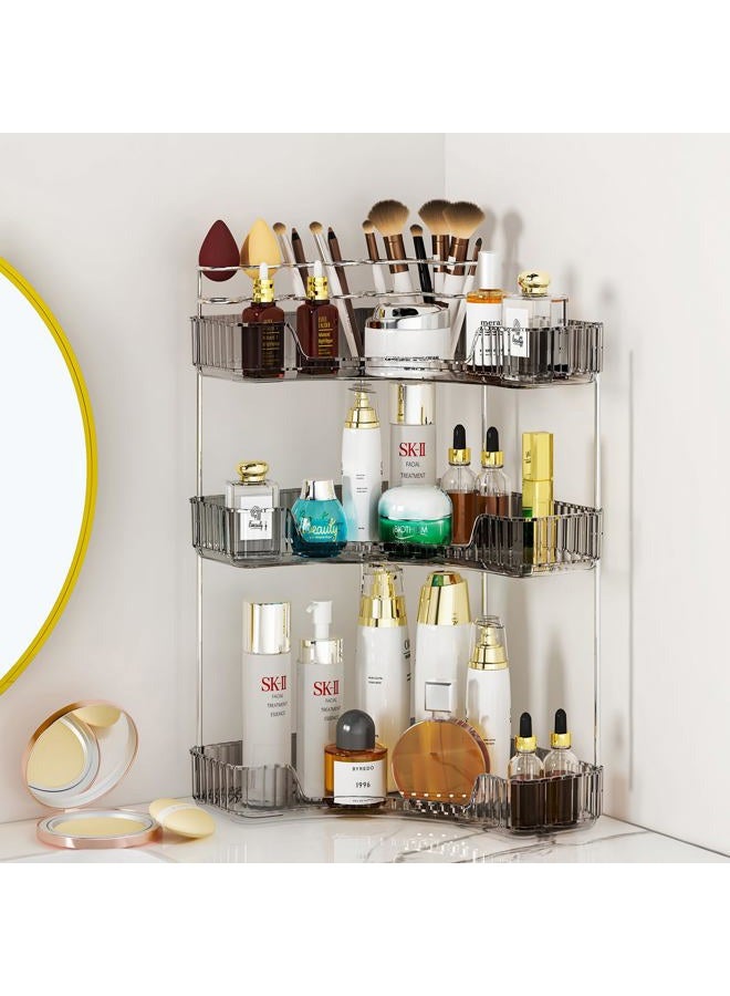 SUNZOS Modern 3-Tier Bathroom Organizer, Corner Makeup Storage with Brush Holder, Acrylic Vanity Organizer, Large Capacity Countertop Organizer for Kitchen, Dresser, Gray - Image 1