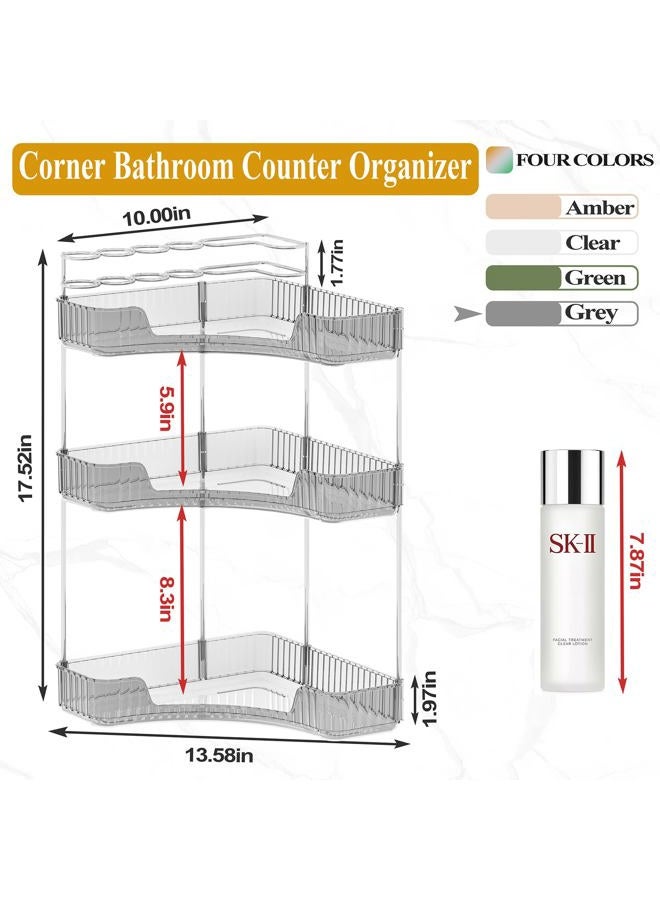SUNZOS Modern 3-Tier Bathroom Organizer, Corner Makeup Storage with Brush Holder, Acrylic Vanity Organizer, Large Capacity Countertop Organizer for Kitchen, Dresser, Gray - Image 2
