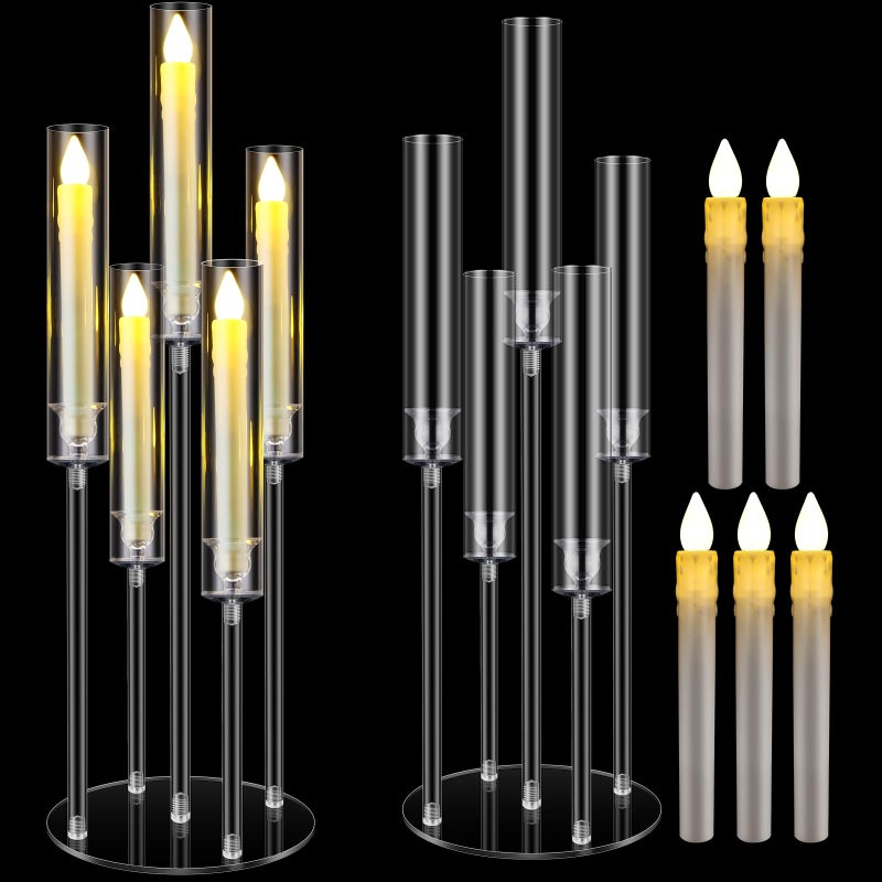 FoldTier 1 Set 5 Arm Acrylic Candelabra Holder for Wedding Table Centerpiece 27inch Tall Floor Clear Candle Centerpieces with LED Candles and Shade for Ceremony Birthday Party Valentines Home Decor - Image 1