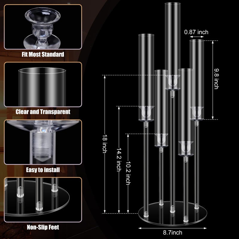 FoldTier 1 Set 5 Arm Acrylic Candelabra Holder for Wedding Table Centerpiece 27inch Tall Floor Clear Candle Centerpieces with LED Candles and Shade for Ceremony Birthday Party Valentines Home Decor - Image 4