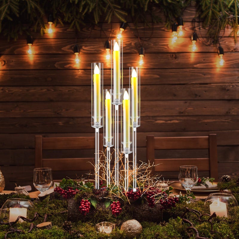 FoldTier 1 Set 5 Arm Acrylic Candelabra Holder for Wedding Table Centerpiece 27inch Tall Floor Clear Candle Centerpieces with LED Candles and Shade for Ceremony Birthday Party Valentines Home Decor - Image 5