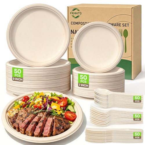 FEHHTO Compostable Paper Plates Set 250Pcs Heavy-Duty Disposable Plate And Utensil Biodegradable Dinnerware For Party Sugarcane Plates, Extra Long Forks & Knives & Spoons For 50 People, Brown - Image 1