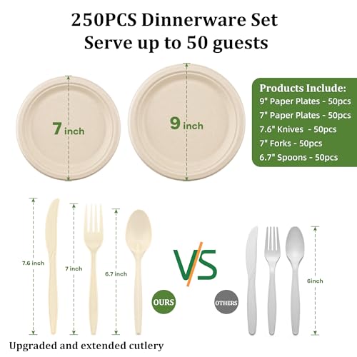FEHHTO Compostable Paper Plates Set 250Pcs Heavy-Duty Disposable Plate And Utensil Biodegradable Dinnerware For Party Sugarcane Plates, Extra Long Forks & Knives & Spoons For 50 People, Brown - Image 4