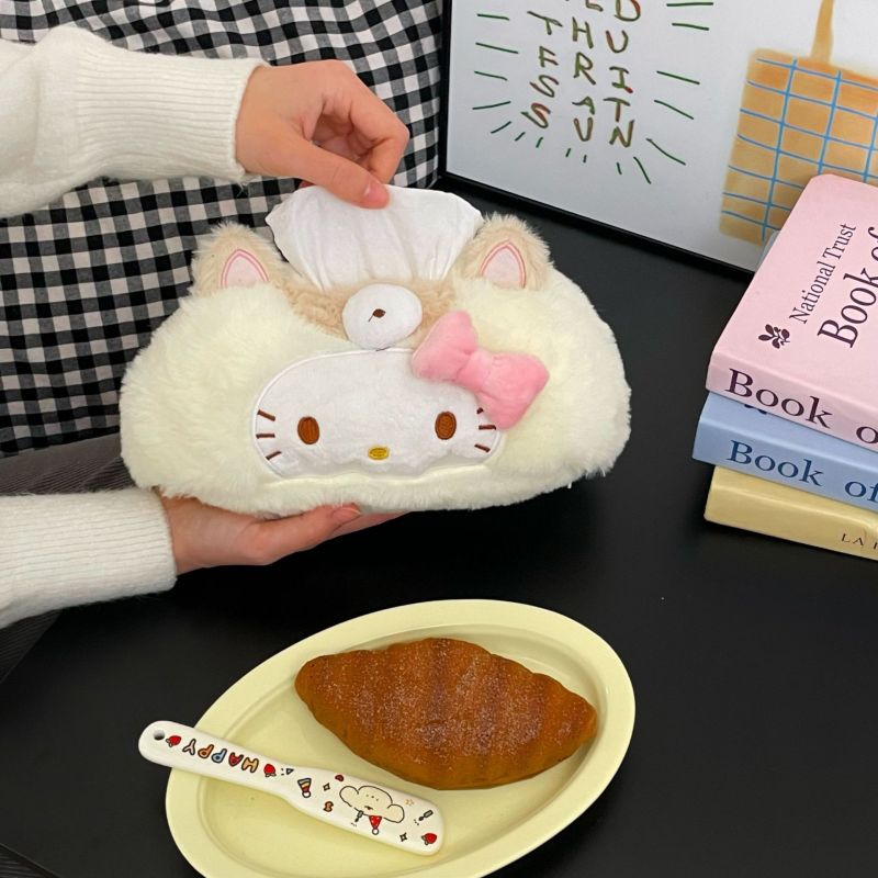 Cartoon Cat Plush Tissue Box 25x15x12cm Compact Lightweight 130g White - Handcrafted Soft Decorative Cute Tissue Set for Home Office Car - Image 3