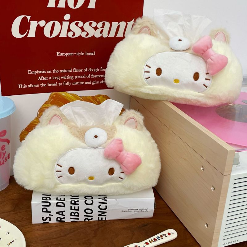 Cartoon Cat Plush Tissue Box 25x15x12cm Compact Lightweight 130g White - Handcrafted Soft Decorative Cute Tissue Set for Home Office Car - Image 1