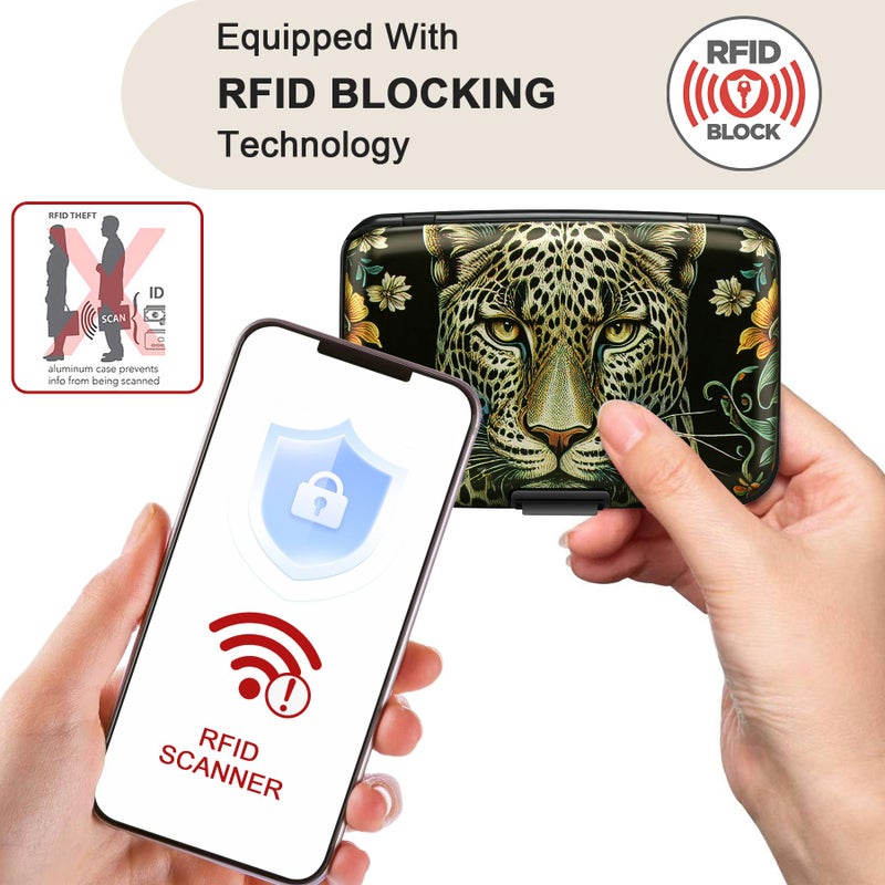 ELFISH Mini RFID Aluminum Wallet Credit Cards Holder Business Card Case Metal ID Case for Men Women(Black Leopard) - Image 2