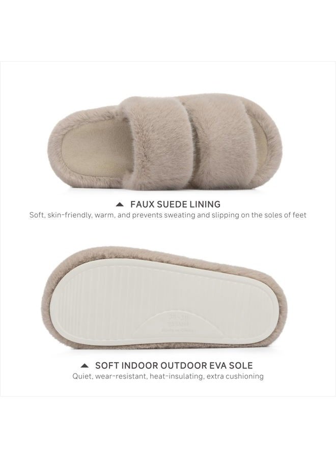 Chantomoo Women's Slippers Memory Foam Slippers for Women Fluffy Comfortable Faux Fur Slippers Furry Bedroom Indoor Open Toe Two Bands Trendy Gift, light brown, 38/39 EU - Image 3