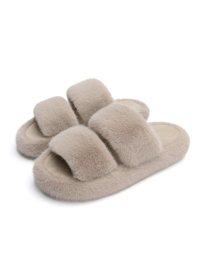 Chantomoo Women's Slippers Memory Foam Slippers for Women Fluffy Comfortable Faux Fur Slippers Furry Bedroom Indoor Open Toe Two Bands Trendy Gift, light brown, 38/39 EU - Image 1