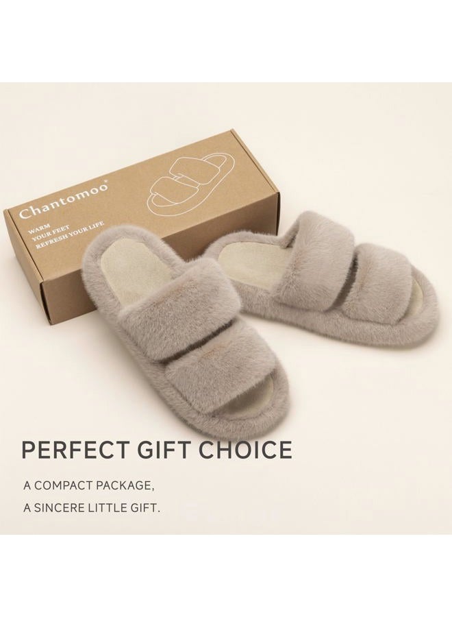 Chantomoo Women's Slippers Memory Foam Slippers for Women Fluffy Comfortable Faux Fur Slippers Furry Bedroom Indoor Open Toe Two Bands Trendy Gift, light brown, 38/39 EU - Image 5