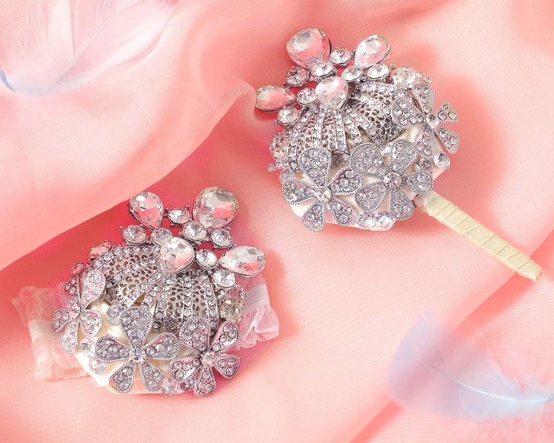 Corsage Wrist and Boutonniere Set 2 Luxury Artificial Rhinestones Handmade for Wedding Party Ceremony Anniversary Prom Perfect for Grooms Boutonniere and Brides Wrist Flowers Silvery