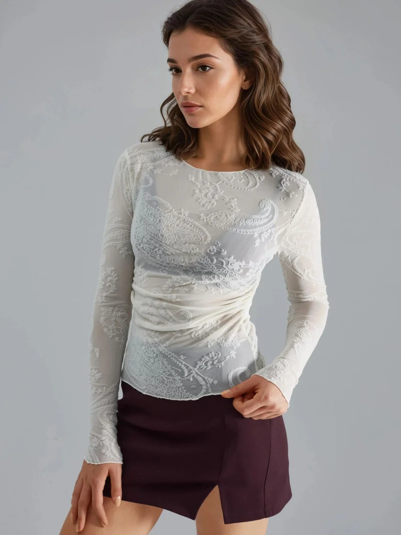 Busem BUSEM Fitted Long Sleeve Flock Print Tulle Blouse