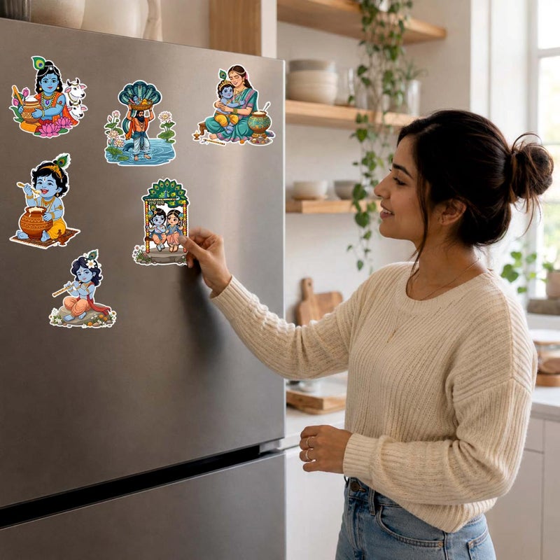 TodFod Lord Krishna Fridge Magnet Combo Set of 6 | Cartoon Style Blue God with Cow, Flute, Kaliya Snake & Butter Pot | Hindu Mythology Spiritual Decor | 7.62 cm (3 Inch) - Image 5