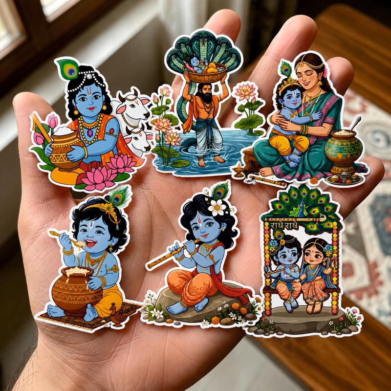 TodFod Lord Krishna Fridge Magnet Combo Set of 6 | Cartoon Style Blue God with Cow, Flute, Kaliya Snake & Butter Pot | Hindu Mythology Spiritual Decor | 7.62 cm (3 Inch) - Image 3