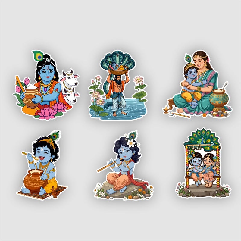 TodFod Lord Krishna Fridge Magnet Combo Set of 6 | Cartoon Style Blue God with Cow, Flute, Kaliya Snake & Butter Pot | Hindu Mythology Spiritual Decor | 7.62 cm (3 Inch) - Image 1