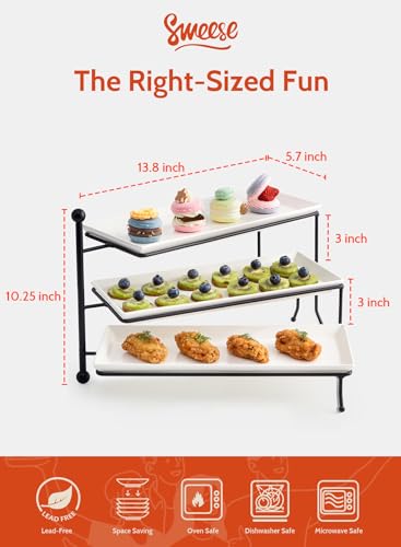 Sweese 3 Tiered Serving Stand, Foldable Rectangular Food Display Stand with White Porcelain Platters - Serving Trays, Dessert Display Server for Brithday Party, Valentine's Day and Events - Image 2