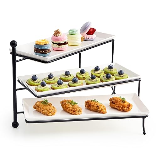 Sweese 3 Tiered Serving Stand, Foldable Rectangular Food Display Stand with White Porcelain Platters - Serving Trays, Dessert Display Server for Brithday Party, Valentine's Day and Events - Image 1