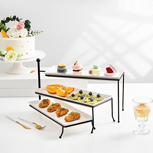Sweese 3 Tiered Serving Stand, Foldable Rectangular Food Display Stand with White Porcelain Platters - Serving Trays, Dessert Display Server for Brithday Party, Valentine's Day and Events - Image 3