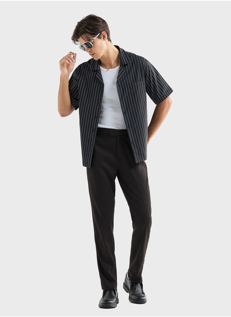 FAV Regular Fit Striped Shirt with Camp Collar and Sho  - Image 4