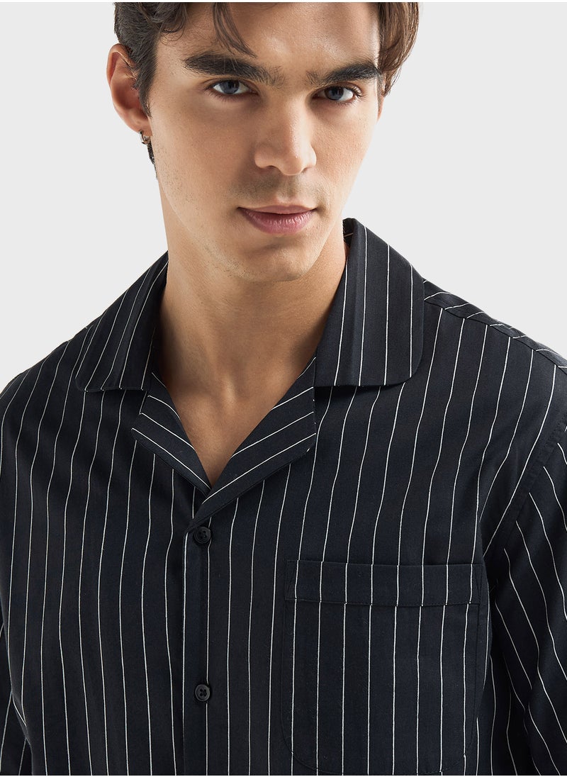 FAV Regular Fit Striped Shirt with Camp Collar and Sho  - Image 3