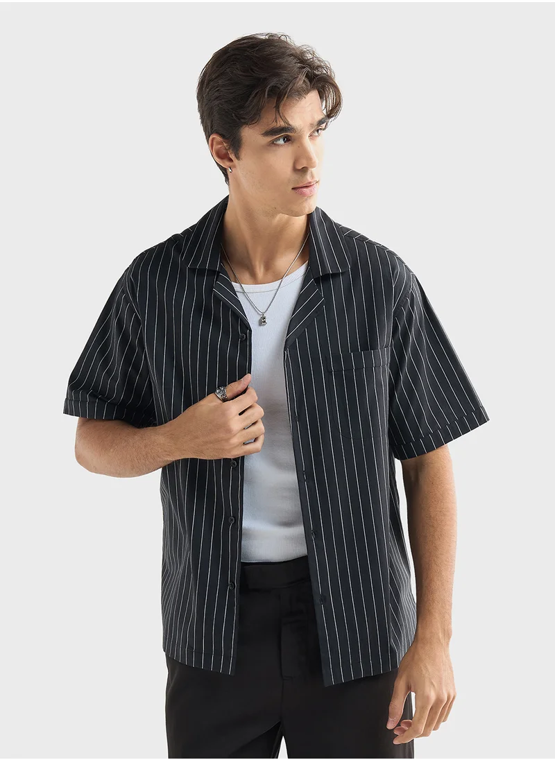 FAV Regular Fit Striped Shirt with Camp Collar and Sho