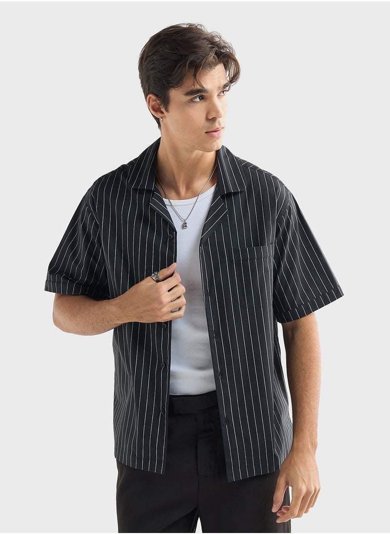 FAV Regular Fit Striped Shirt with Camp Collar and Sho  - Image 1
