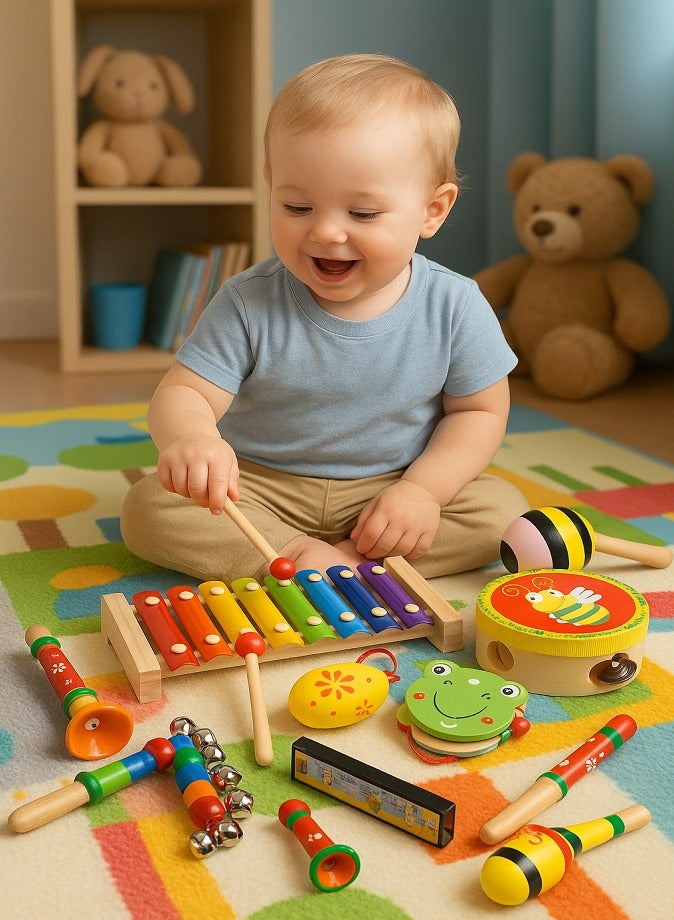 8 PCS Infant Early Education Toys, Early Education Musical Instrument Combination, Montessori Sensory Developmental Toys for Toddlers 1 2 3+ Years, Baby Learning Educational Toy Set, Wooden Percussion Instruments, Xylophone with Mallets, Trumpet Flute Sound Toys, Baby Boy Girl Gift Set - Image 2