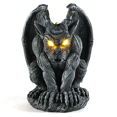 MIBUNG Large Winged Gargoyle Statue with Solar Lights Outdoor Decor, Sitting Gargoyle Monster Dragon Garden Guardian Gothic Creep Scary Sculpture, Patio Yard Lawn Decorations, Valentine's Day Gift - Image 1
