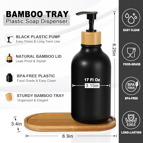 KASUNTING Hand and Dish Soap Dispenser Set, Plastic Kitchen Soap Dispenser Set with Bamboo Tray, 17 Fl Oz Black Soap and Lotion Dispensers Sets with 4 Pack Labels for Kitchen & Bathroom Countertop - Image 3