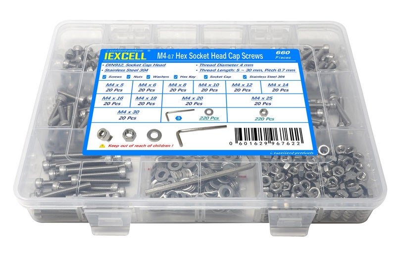 iexcell 660 Pcs M4 x 5/6/8/10/12/14/16/18/20/25/30 Stainless Steel 304 Hex Socket Head Cap Screws Bolts Nuts Washers Assortment Kit - Image 5