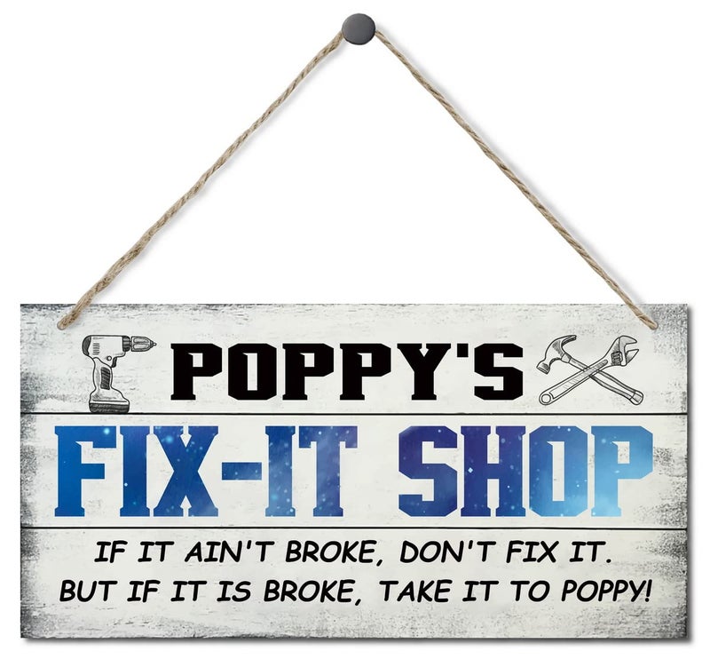 EDCTO قم بتسوق الإصلاح في Poppy's Fix-It إذا لم يتم كسره. ولكن إذا تم كسره ، خذها إلى الخشخاش! علامة خشبية معلقة منزل ديكور الخشب المطبوع جدار الفن هدية لجد 12x6 في - Image 1