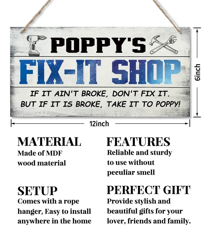 EDCTO قم بتسوق الإصلاح في Poppy's Fix-It إذا لم يتم كسره. ولكن إذا تم كسره ، خذها إلى الخشخاش! علامة خشبية معلقة منزل ديكور الخشب المطبوع جدار الفن هدية لجد 12x6 في - Image 3