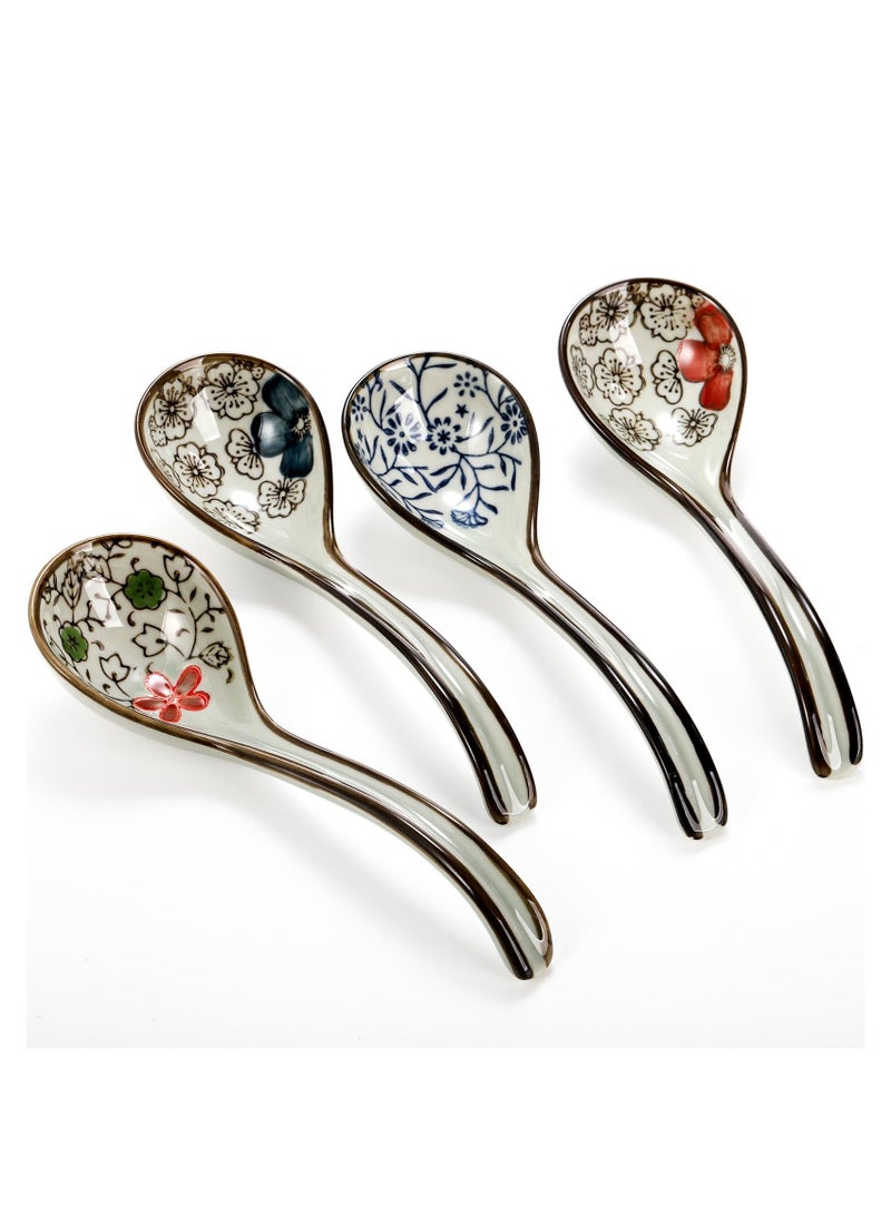 KASTWAVE 4 Pcs Asian Ceramic Soup Spoons, Chinese Soup Spoon, Japanese Ramen Spoon with Long Curved Handle, Porcelain Tablespoon, Kitchen Serving Spoon for Wonton, Dumpling RiceMiso, Noodles, Cereal - Image 1