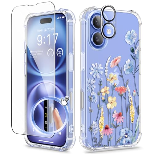 GVIEWIN for iPhone 16 Case, with Screen Protector & Camera Lens Protector, Floral Shockproof Protective Bumper Slim Soft Clear Phone Cover for Women 2024 6.1" (Aconite/Light Blue) - Image 1