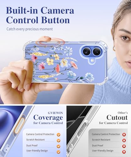 GVIEWIN for iPhone 16 Case, with Screen Protector & Camera Lens Protector, Floral Shockproof Protective Bumper Slim Soft Clear Phone Cover for Women 2024 6.1" (Aconite/Light Blue) - Image 5