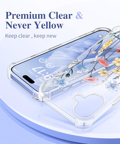 GVIEWIN for iPhone 16 Case, with Screen Protector & Camera Lens Protector, Floral Shockproof Protective Bumper Slim Soft Clear Phone Cover for Women 2024 6.1" (Aconite/Light Blue) - Image 3